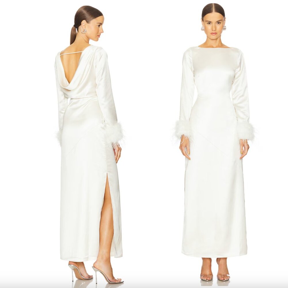 Line & Dot Gloss Midi Dress Ivory White Cream Formal Bridal Wedding Long Sleeve